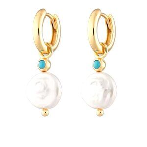 Beautiful Pearl + Turquoise Earrings Dainty Huggies Baroque Pearl Beachy Jewelry